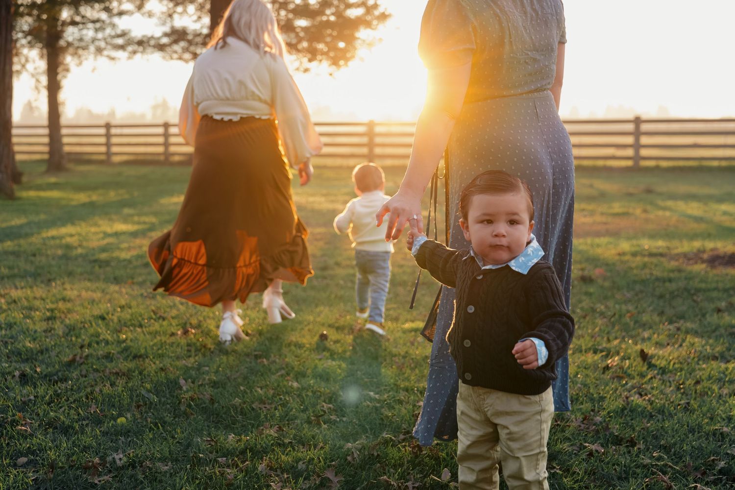 Silhouettes of a family enjoying a golden sunset in a pastoral field with wooden fencing.