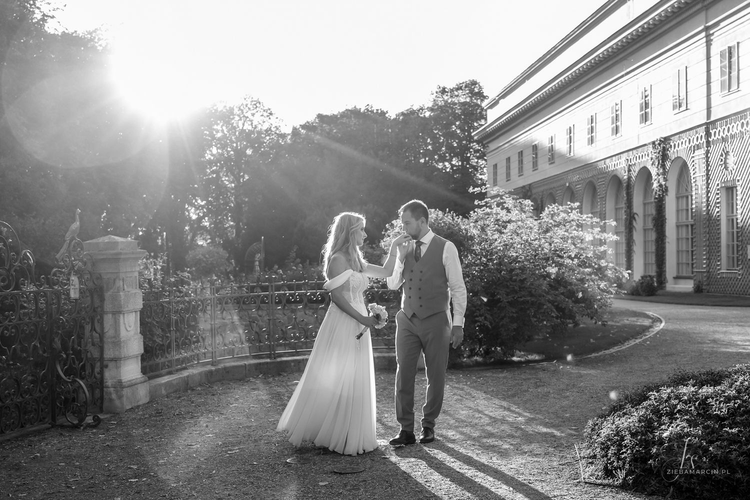Romantyczny kadr podczas zachodu słońca w Łańcucie, naturalna fotografia ślubna Łańcut