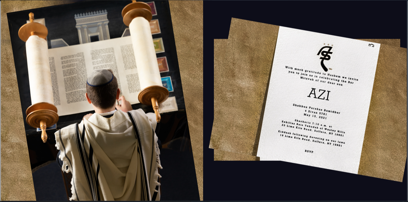 Bar mitzvah reading from the Torah portion in synagogue with his invitation displayed in the background
