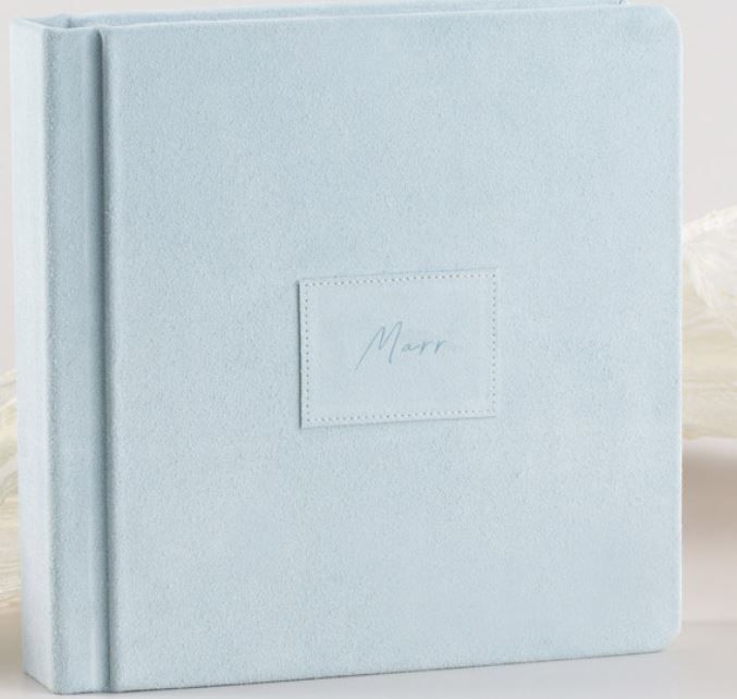 Light powder blue wedding photo album with patch on square spined luxury photo album.