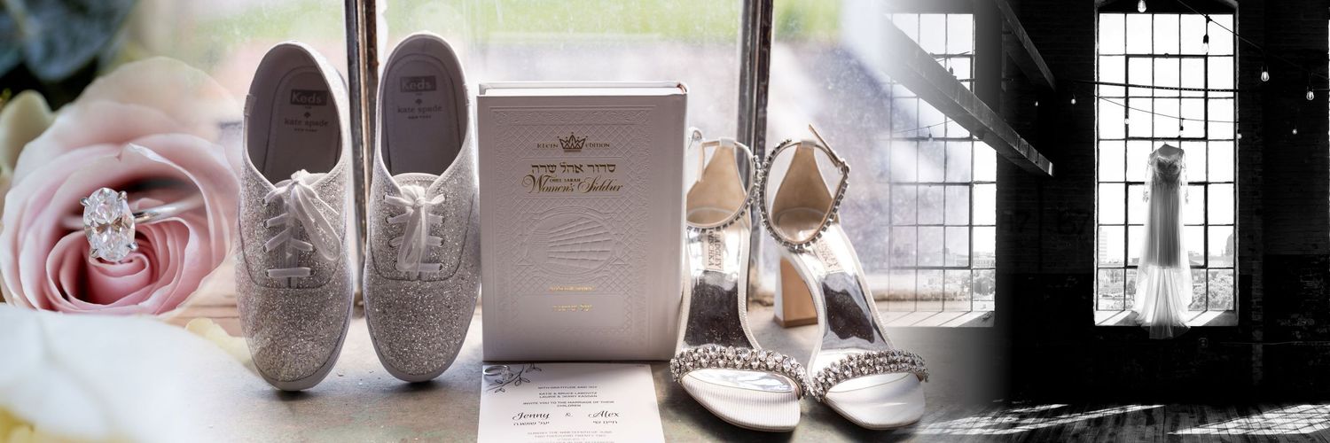 A collage of wedding-themed images showing rings, shoes, flowers, and decor details in soft neutral tones.