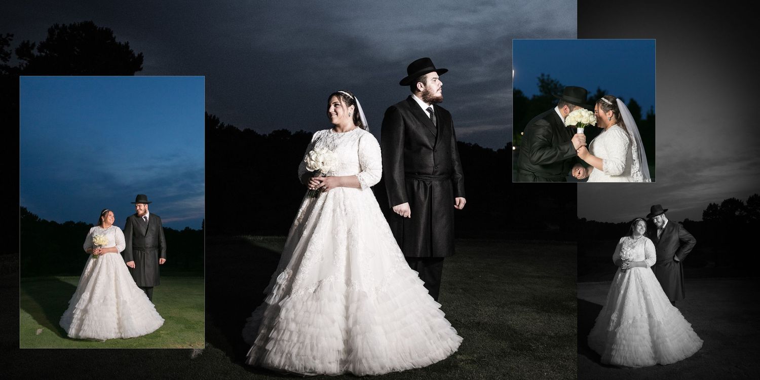 A collection of wedding portraits showing couples in formal attire against dramatic outdoor backgrounds.