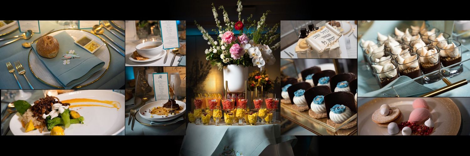 A collection of food and drink photos arranged in a horizontal strip showing various dishes and beverages at a bar mitzvah