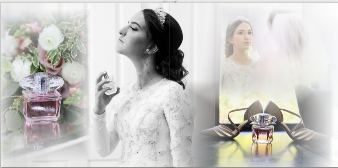 Bride spraying luxury perfume beside her elegant wedding high heels, capturing a chic bridal moment.