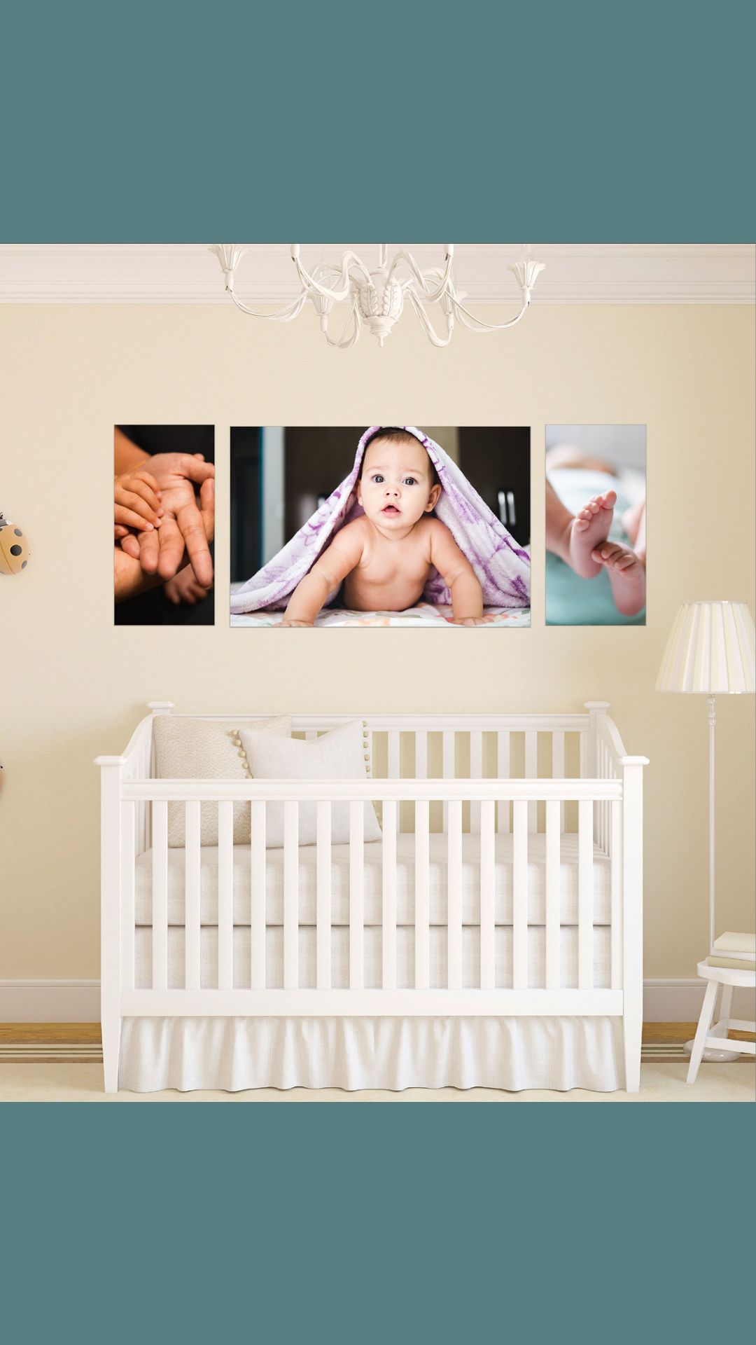 A baby shown on wall art in a baby's turquoise and white room