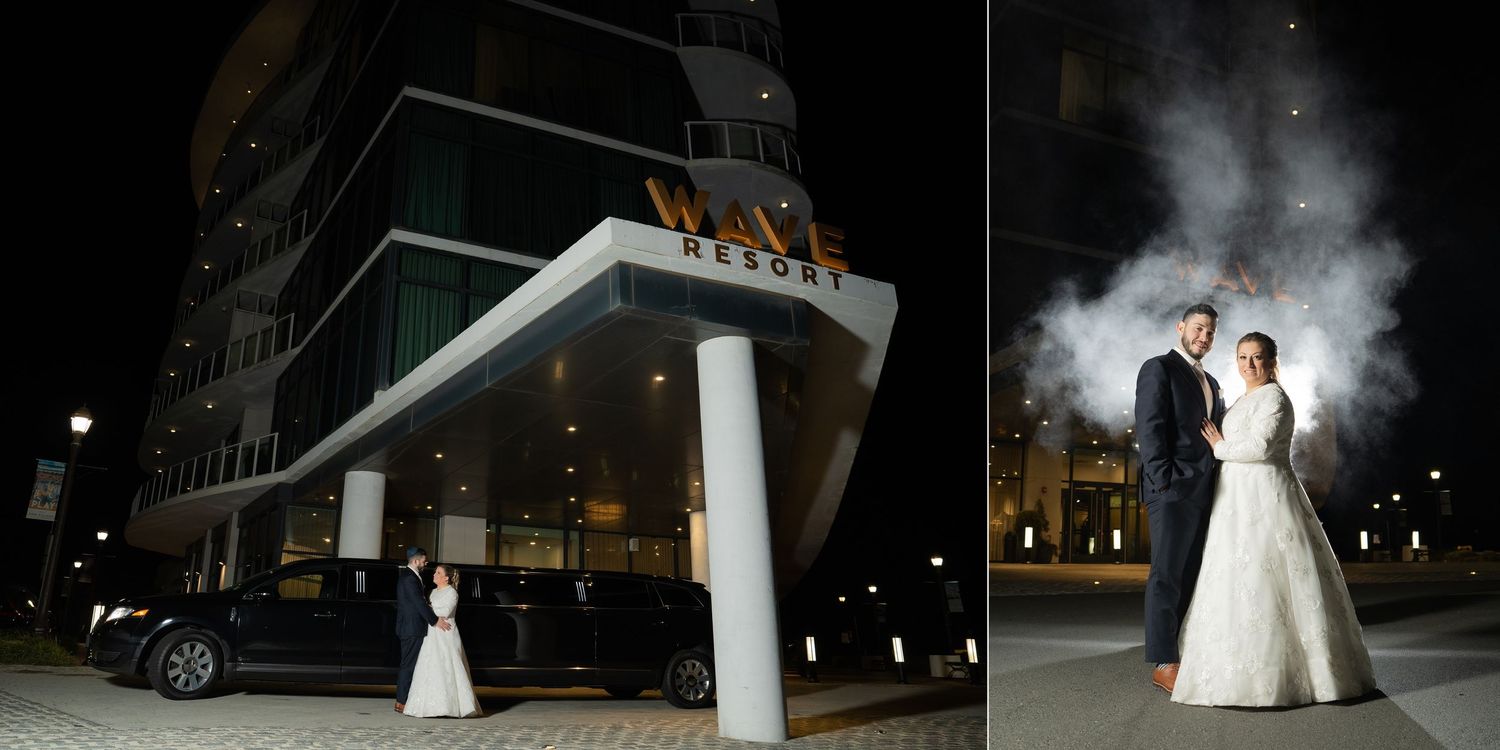 Elegant nighttime wedding photos captured outside modern building with illuminated white pillars and dramatic sky.