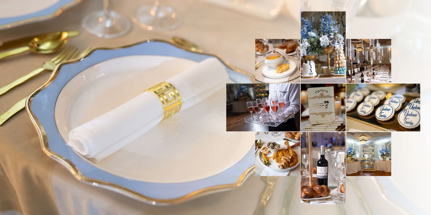 Elegant table setting with white napkin and gold napkin ring on light blue scalloped charger plate.