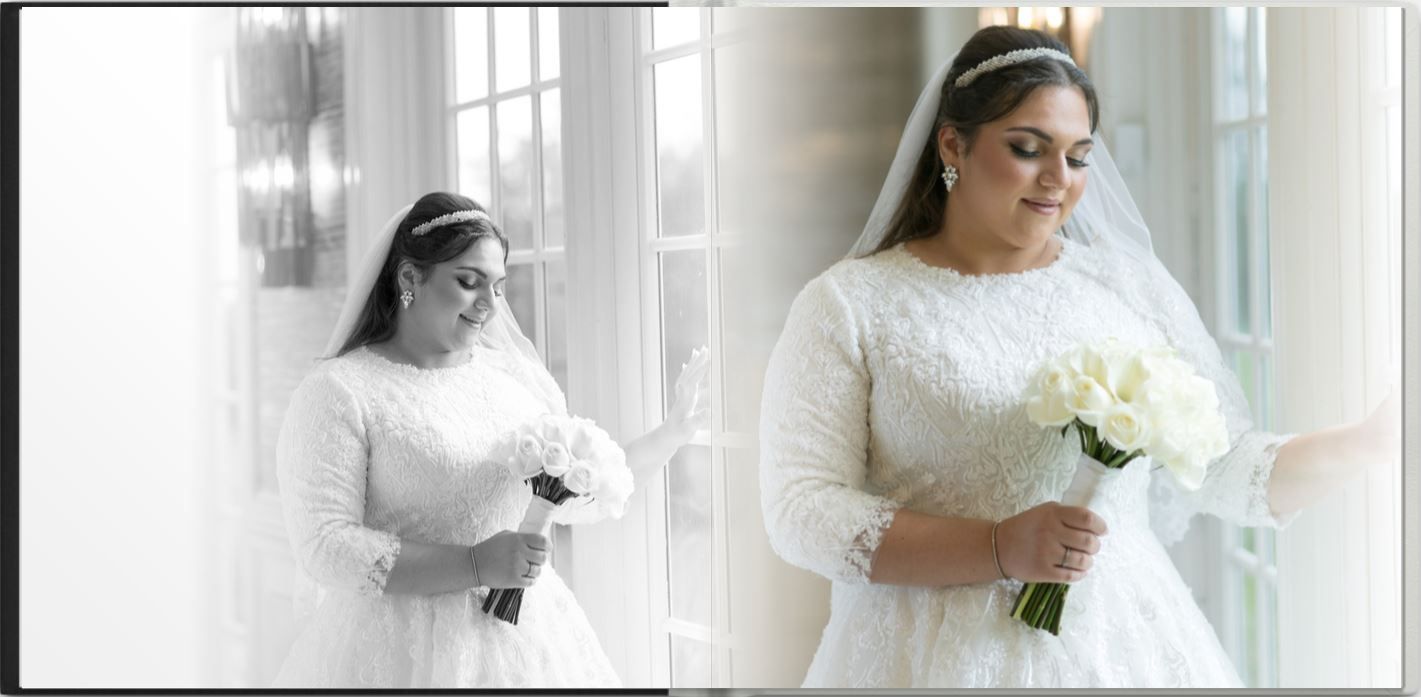 Jewish Orthodox bride holding her bridal bouquet and posing gracefully for wedding photographs.