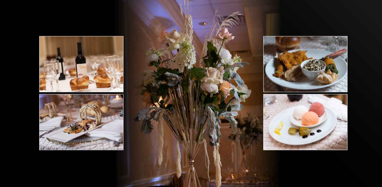 A collage featuring elegant table settings, floral centerpieces, and gourmet plated dishes in warm lighting.