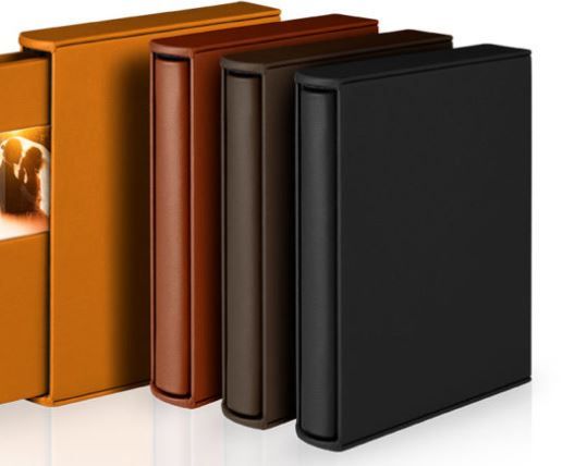 A row of leather-bound binders or albums in different shades of brown and black standing upright on a white surface.
