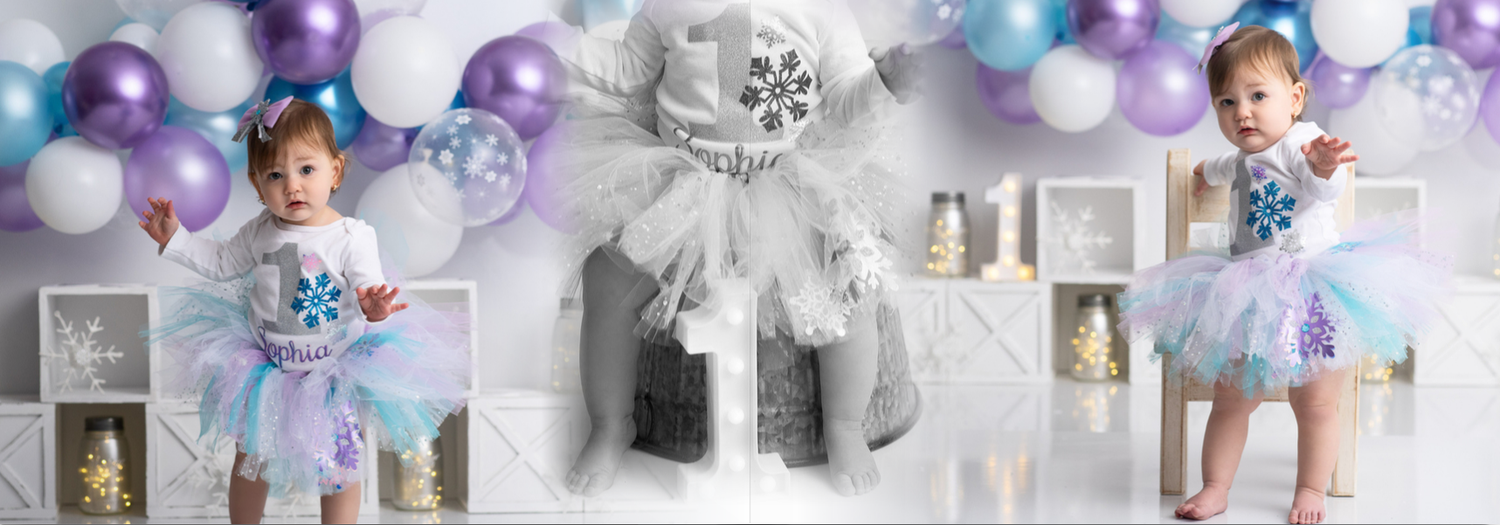 A collage of birthday photos with purple and blue balloons, tulle dress, and silver decorations for a first birthday celebration.
