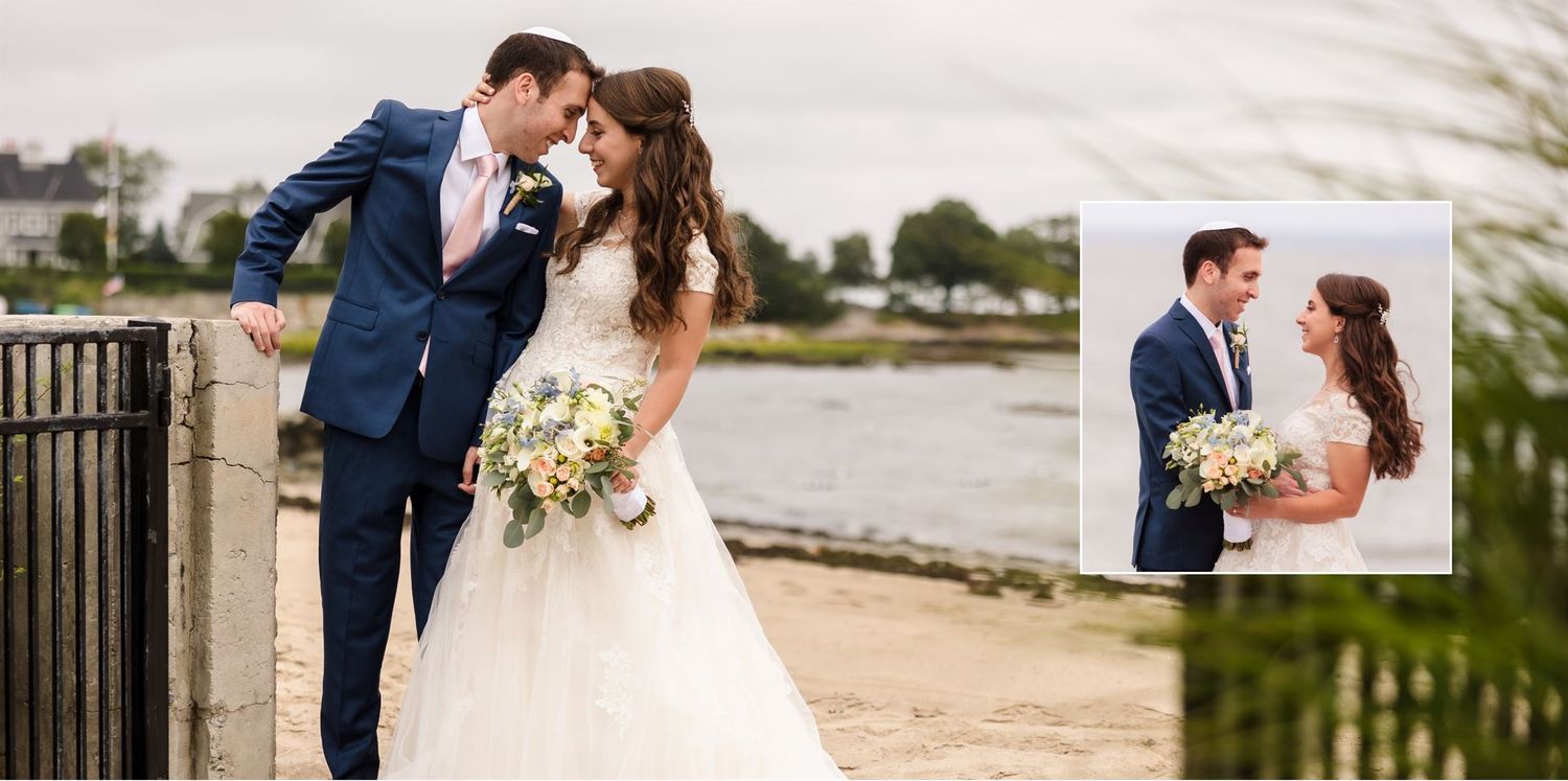 A couple in wedding attire share intimate moments during a waterfront photo session at sunset near the water.