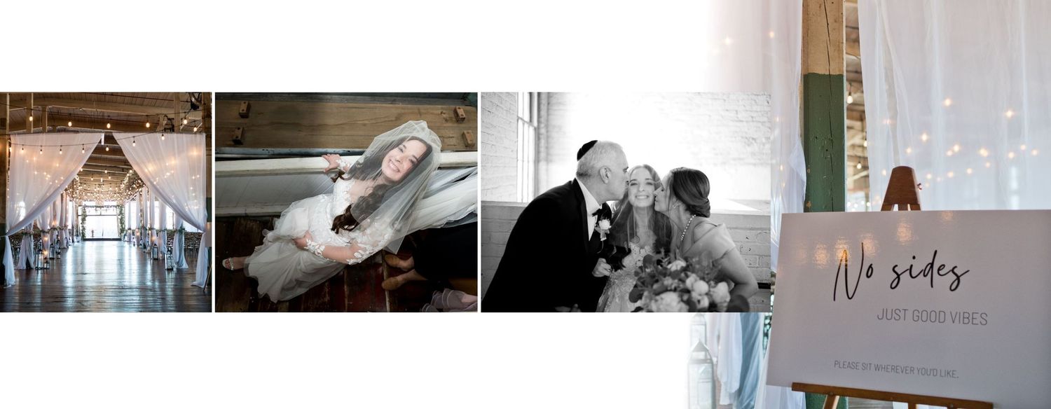 A collage of wedding photos showing reception hall decor and bride with her parents.