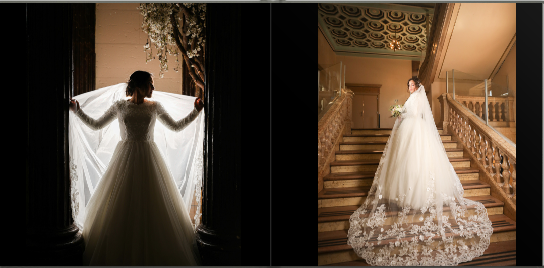 A series of wedding dress photos showing the back details and silhouettes against elegant vintage staircase backdrops.
