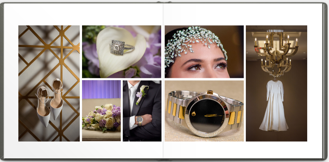A collection of wedding photography details showing rings, decor, and reception details arranged in a grid layout.