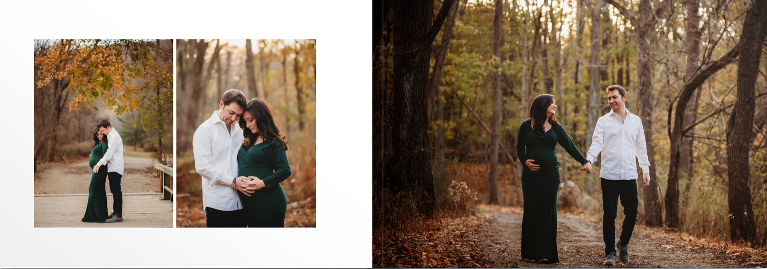 A couple walks hand in hand through a sunlit autumn forest with fallen leaves creating a romantic atmosphere.