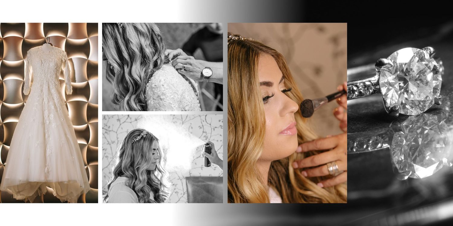 A collage of wedding preparation moments showing a dress, hair styling, makeup application and diamond ring details.