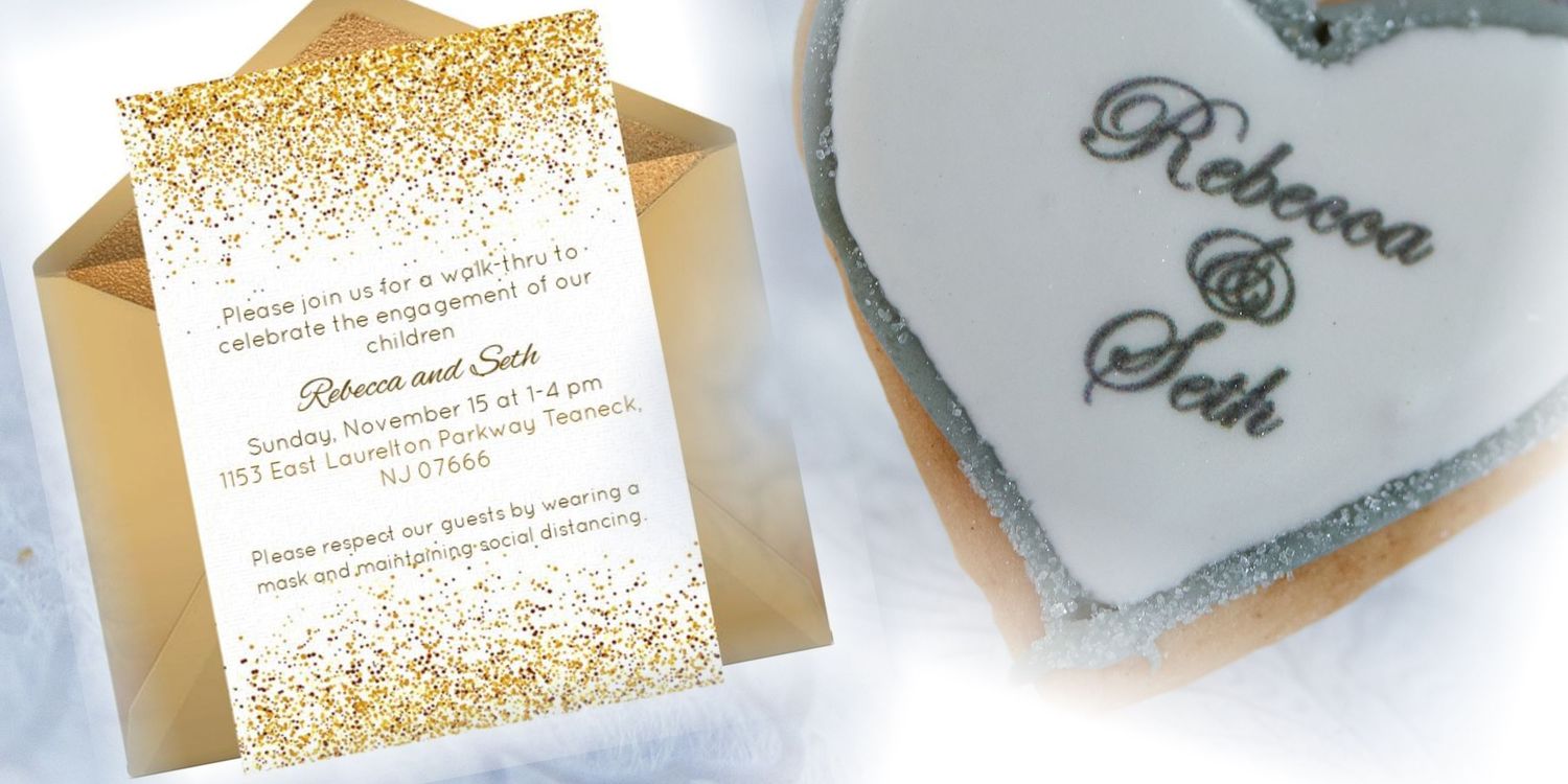 Engagement invitation displayed with a custom engagement cookie, symbolizing love and celebration.