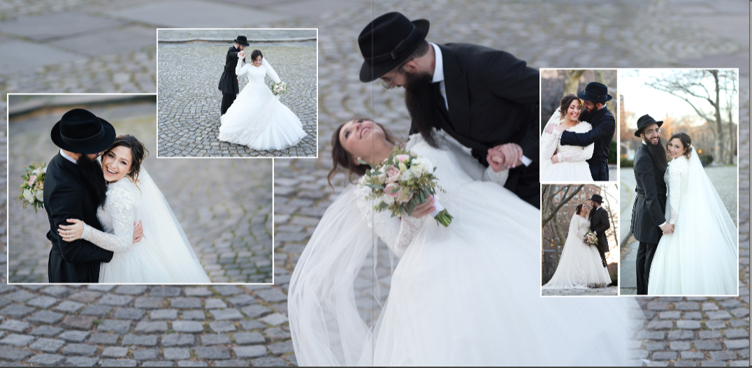 A romantic winter wedding photo collage showing couples embracing in the snow with elegant white gowns and formal attire.