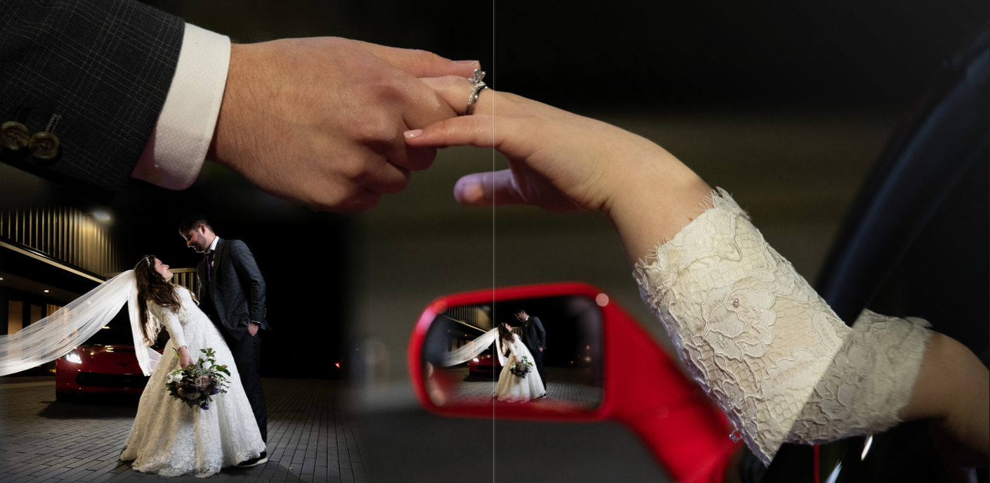 Couple dancing and holding hands near a red sportscar, capturing romance and elegance in motion.