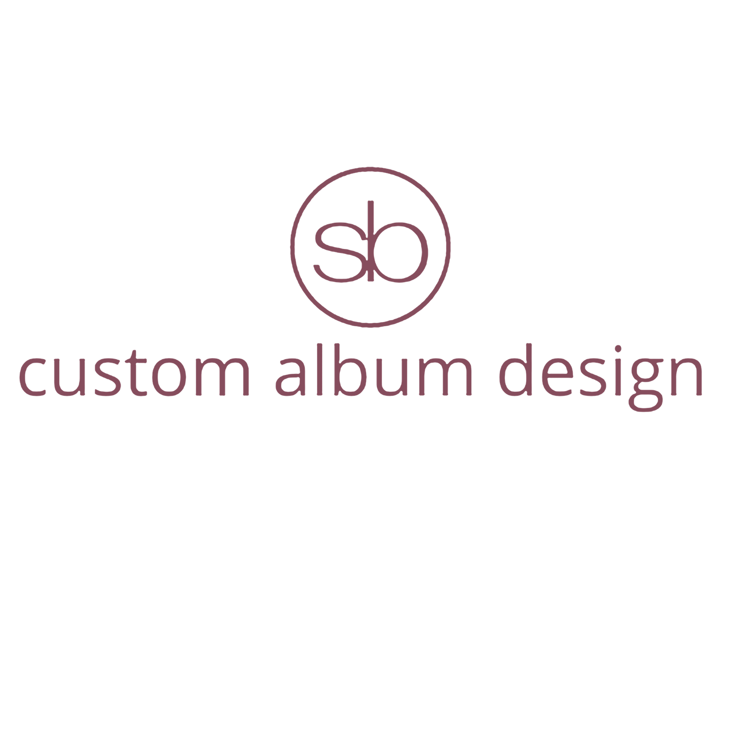Minimalist logo design featuring 'sb' text and 'custom album design' text in burgundy color against white background.