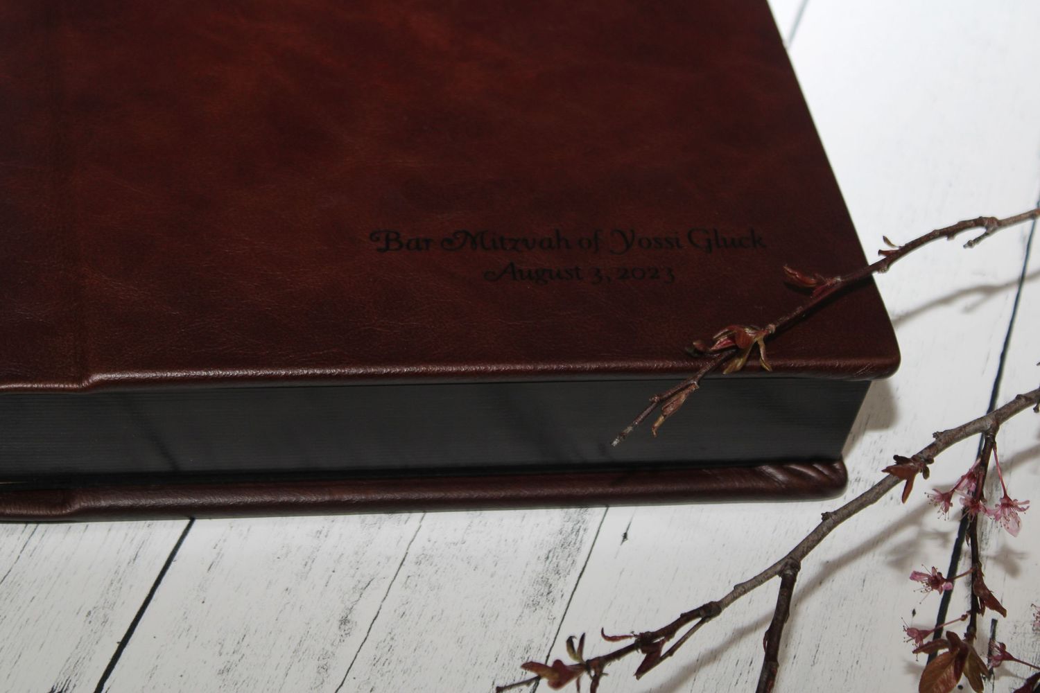 Bar mitzvah photo album in distressed leather with classic style and custom font design