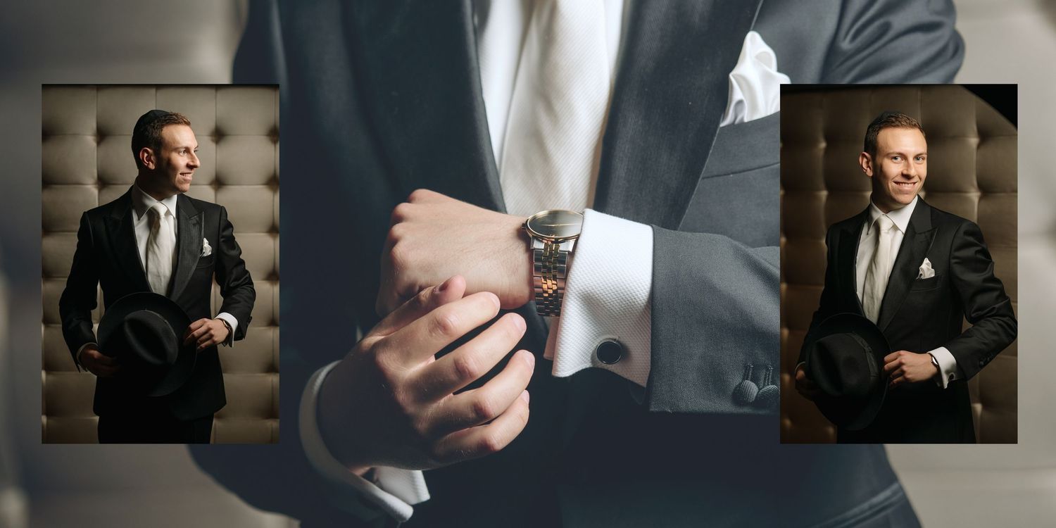 Jewish groom posing with his accessories, showcasing elegant watch and cufflinks before the ceremony.