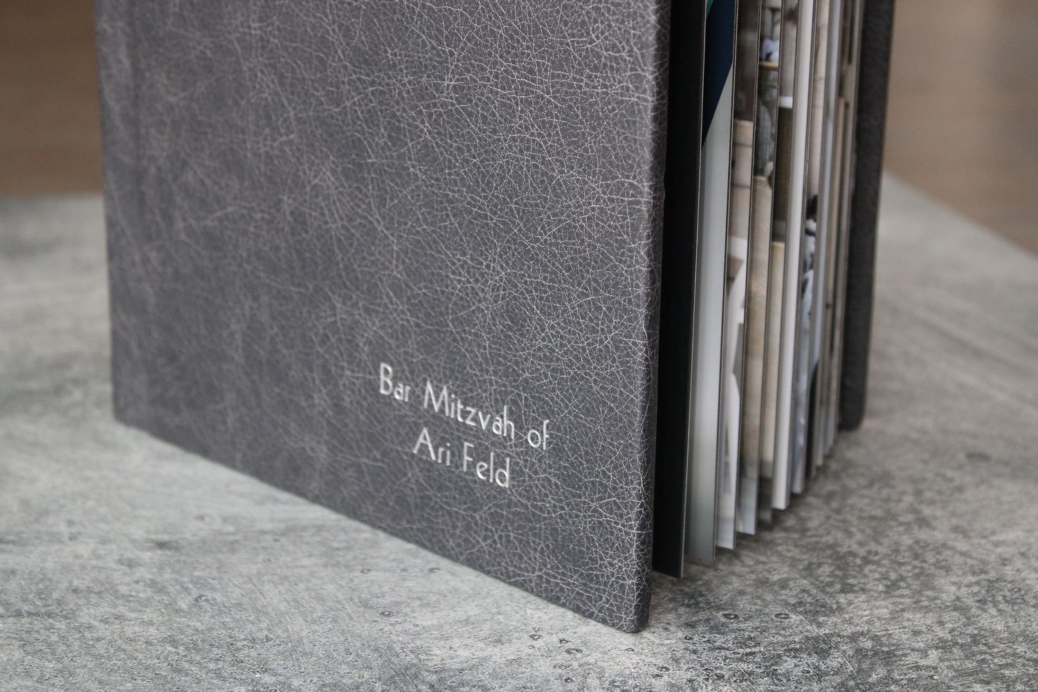 Bar mitzvah photo album in luxury gray genuine leather with sleek modern font design