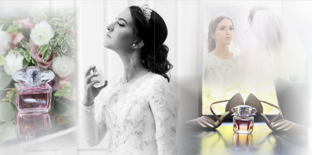 A dreamy collage of perfume bottles, flowers and feminine beauty elements in soft pastel tones.