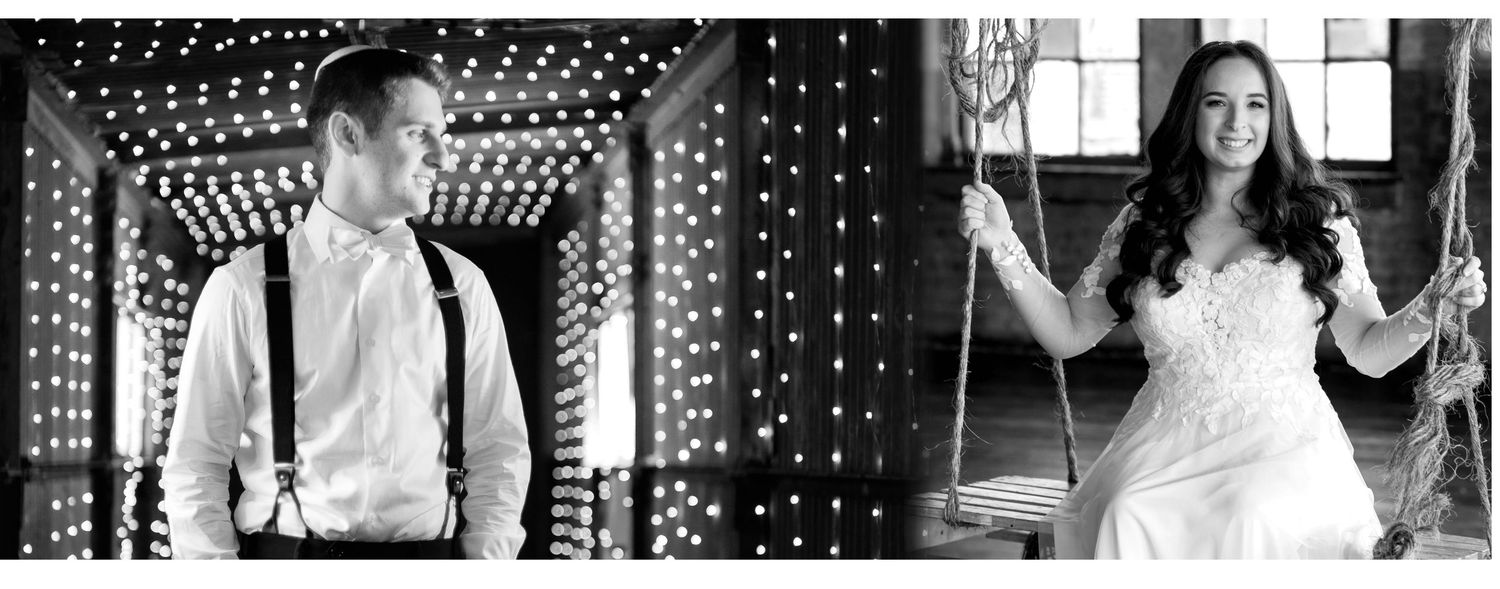 Black and white wedding photos showing a groom in suspenders and bride in white dress posing before their reception.