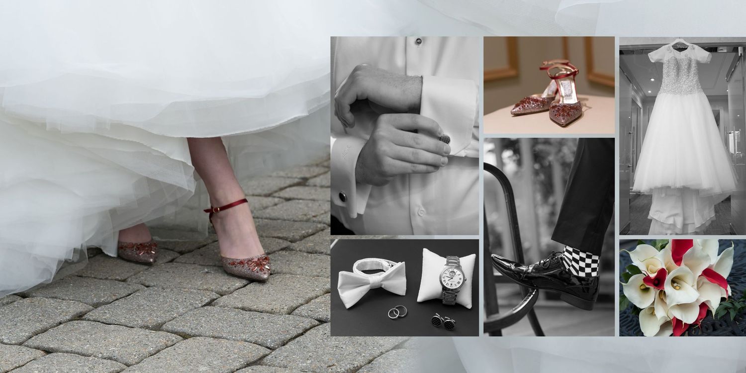 A collection of wedding photography detail shots showing shoes, dress hems, and floral arrangements in black and white.