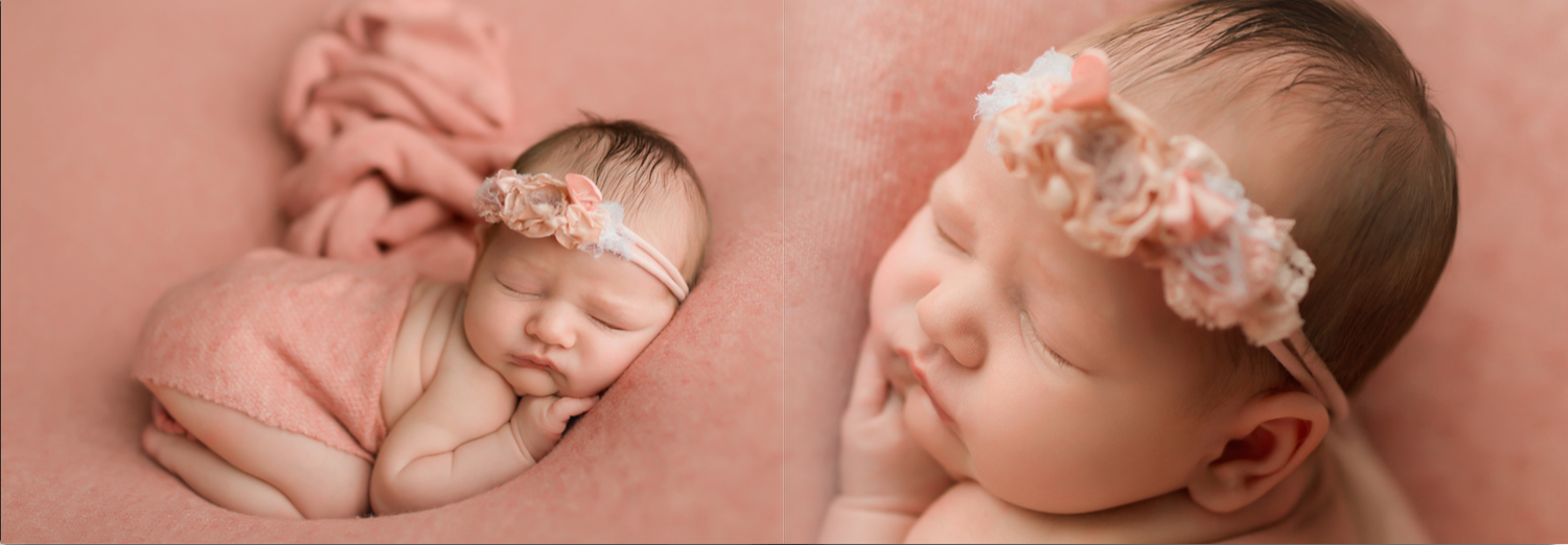 Four peaceful sleeping newborn babies in soft pink and neutral tones captured in a collage of professional portraits.
