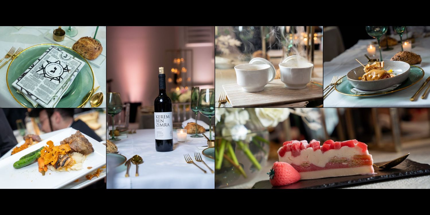 A collage of food and drink photos showing various dishes, cocktails, and table settings in a restaurant setting.
