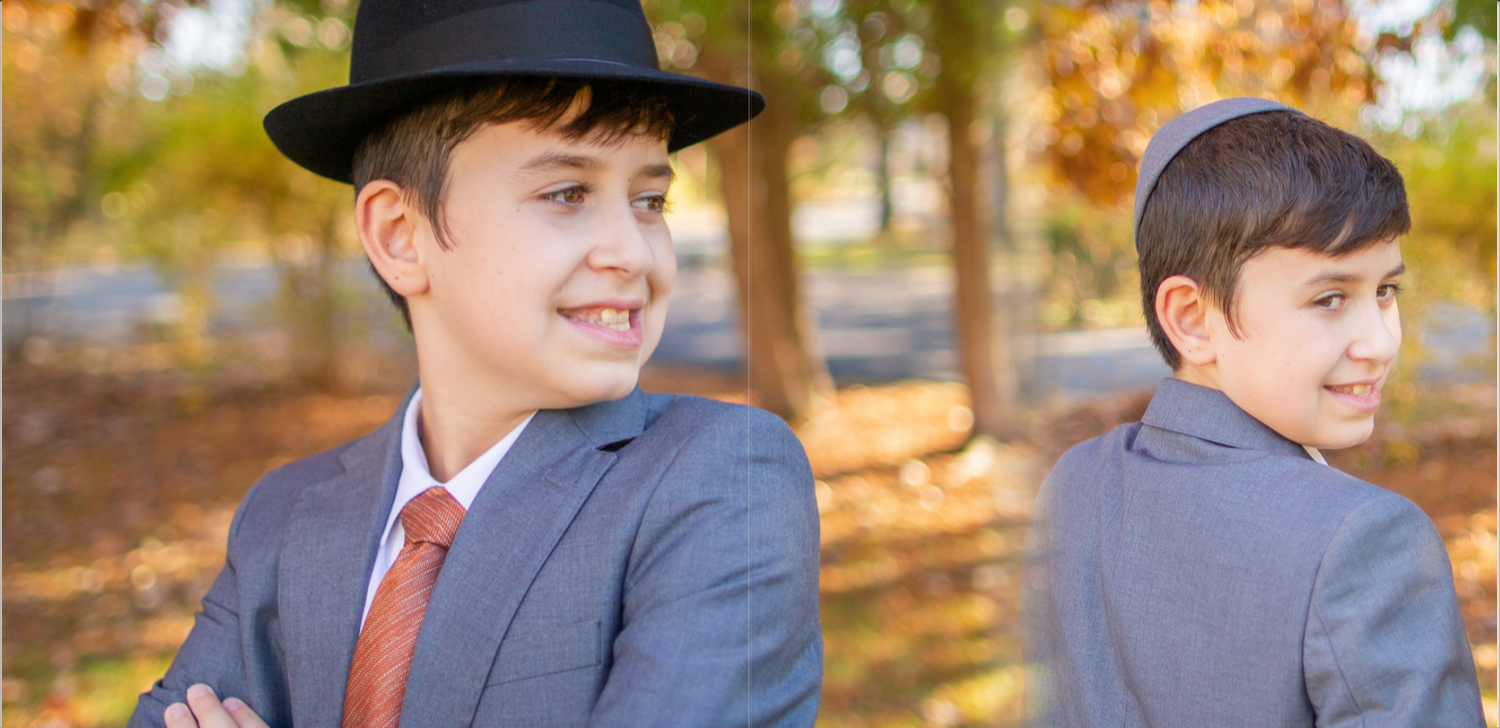 A collage of formal portraits showing a bar mitzvah boy in a black hat and  orange tie against an autumn outdoor background.
