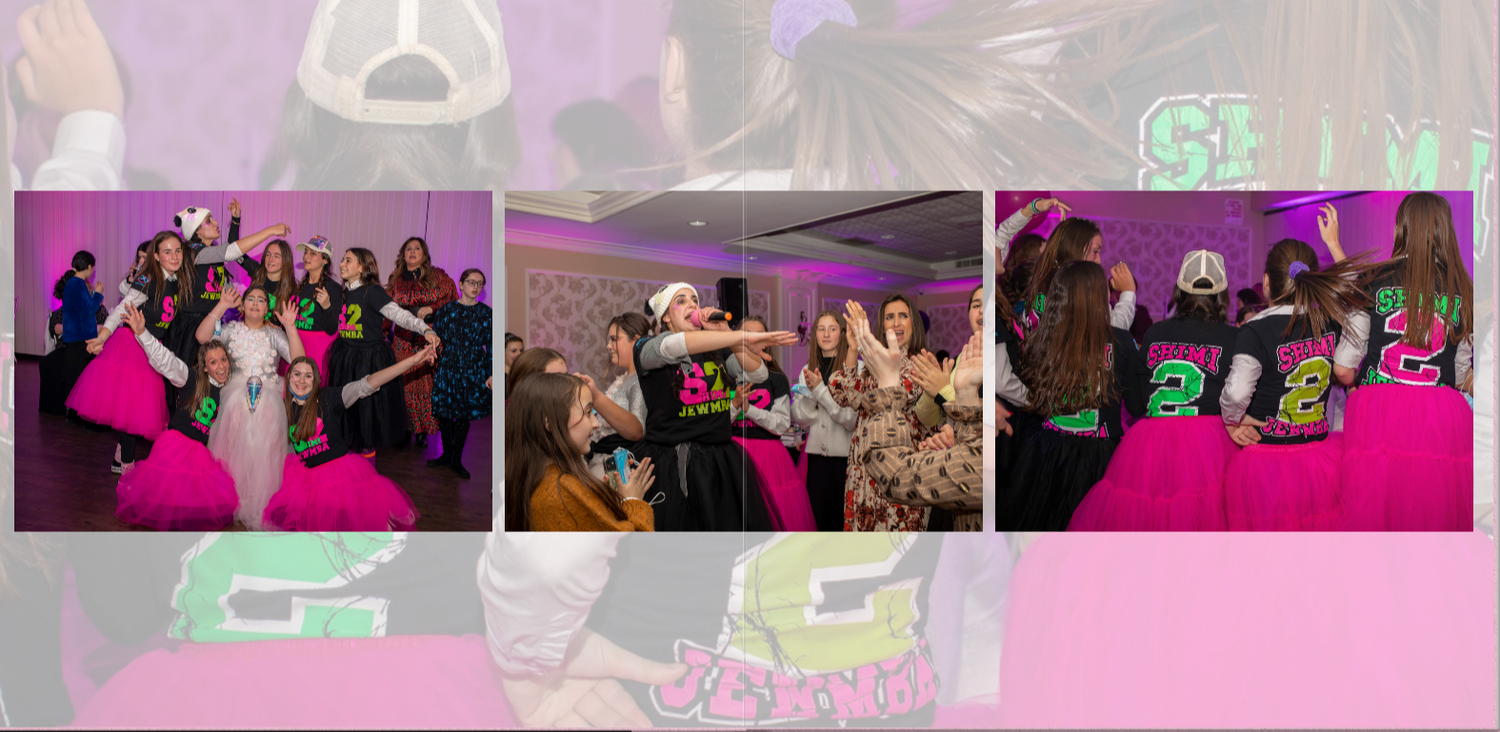 People dancing and celebrating at a vibrant pink-lit party venue with multiple photos showing different moments of the bat mitzvah event.