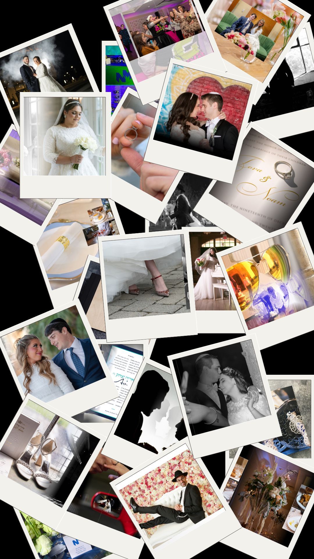 A scattered collage of wedding and romantic photographs creates an artistic arrangement on a black background.