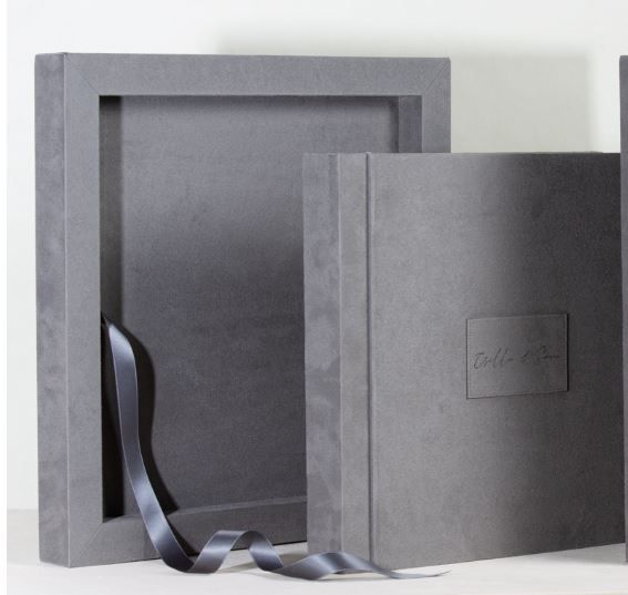Gray suede photo album with matching patch and custom presentation box for a refined, coordinated look