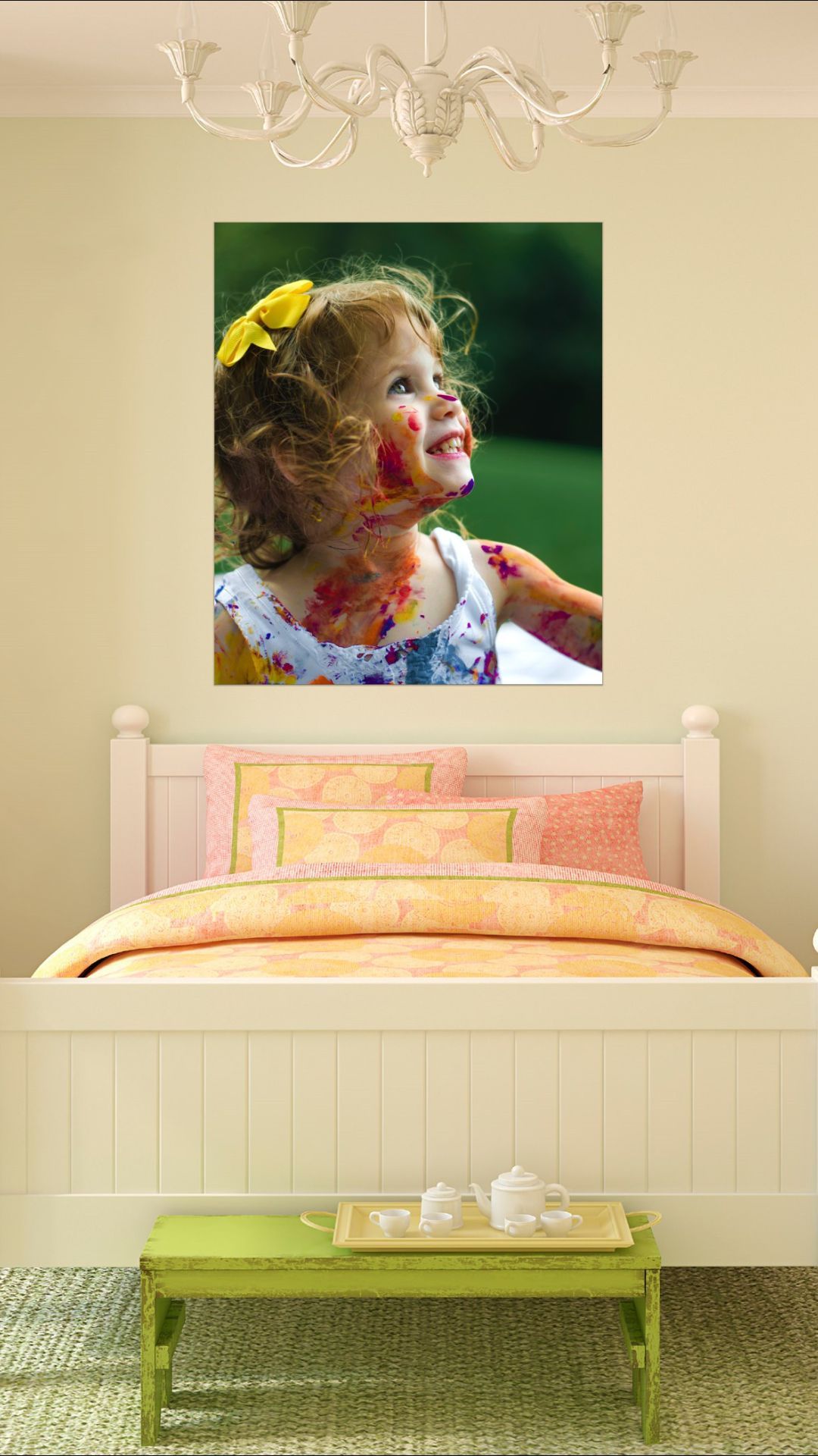 Wall art in a girl’s bedroom featuring a small girl, adding charm and warmth to the decor.