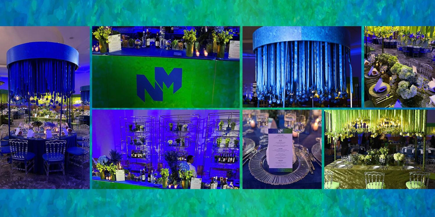 Colorful underwater-themed event space with blue lighting and aquatic decor creates a magical atmosphere.