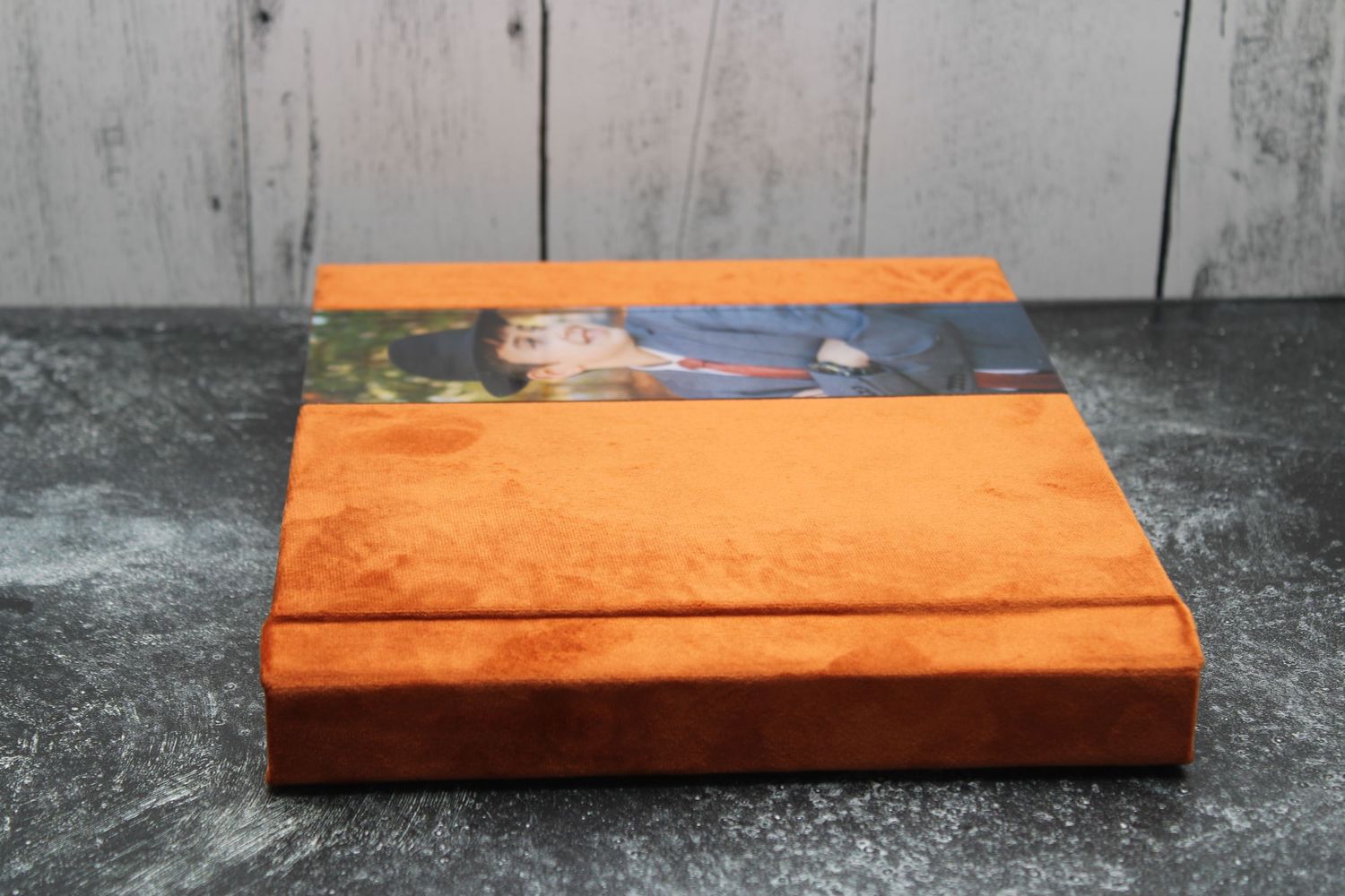 Orange velvet photo album with an acrylic panel, combining rich texture and modern elegance