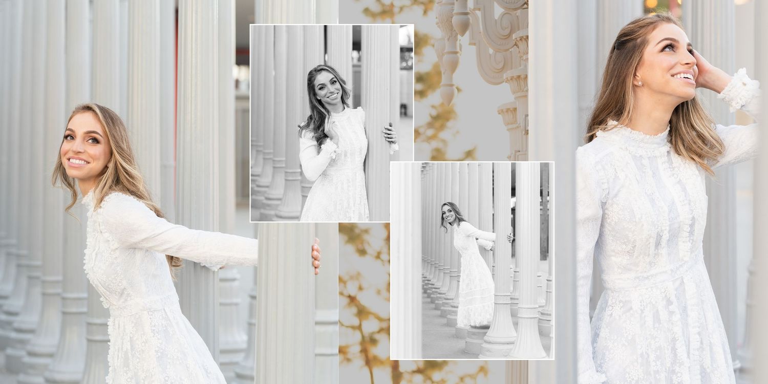 A series of elegant white fashion photos showing poses against a textured gold and cream colored wall.