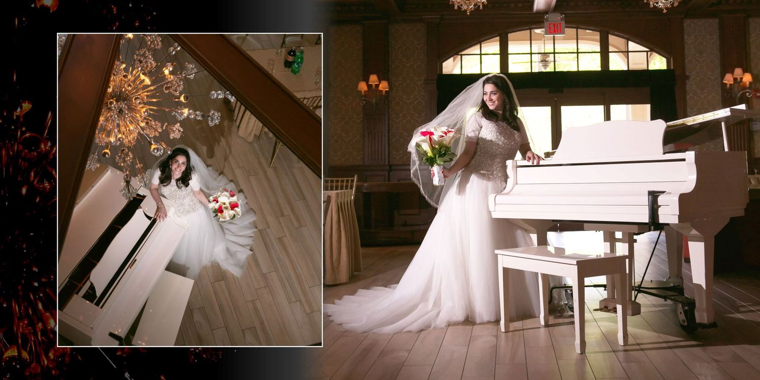 A series of wedding photos showing a bride in a white gown in an  elegant indoor setting with warm lighting at a baby grand white piano.