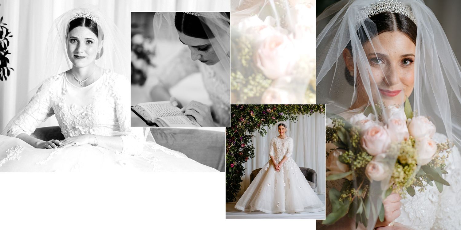 A collection of wedding photography images showing bridal portraits, floral arrangements and elegant white gowns.