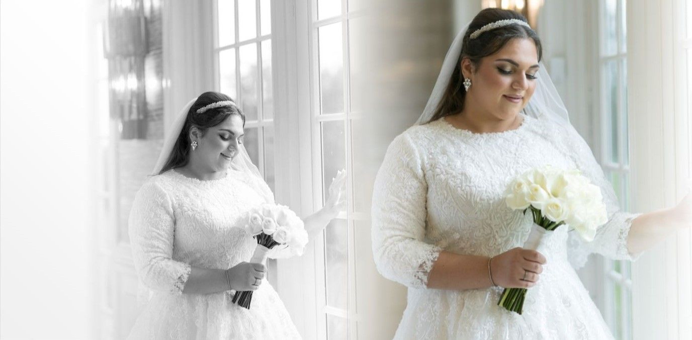 A collage of wedding photos showing a bride in a white dress posing by windows in various elegant poses.