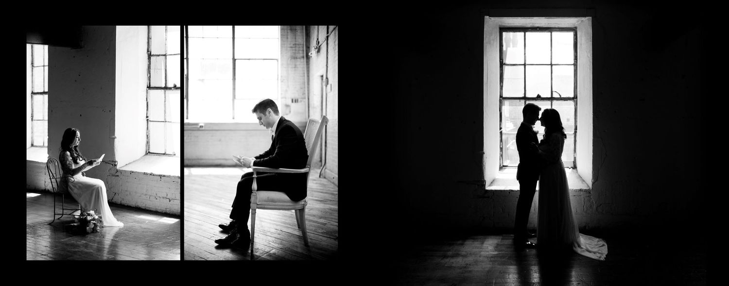 A series of black and white photographs showing silhouettes of a bride and groom  in windows creating a moody atmospheric composition.