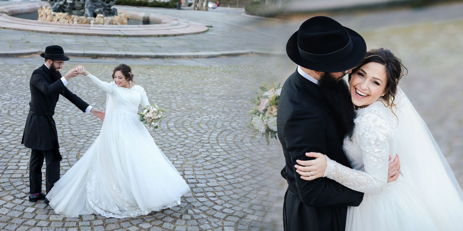 Bride and groom dancing outside before their party, sharing a joyful and romantic moment together.