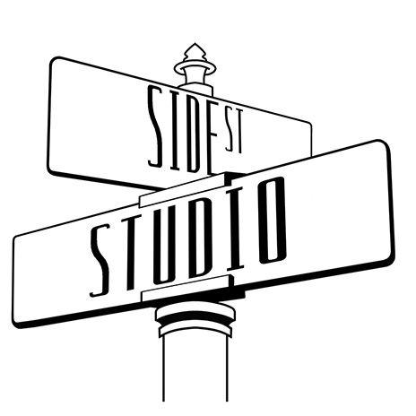 Minimalist street sign design showing intersection of Side St and Studio.