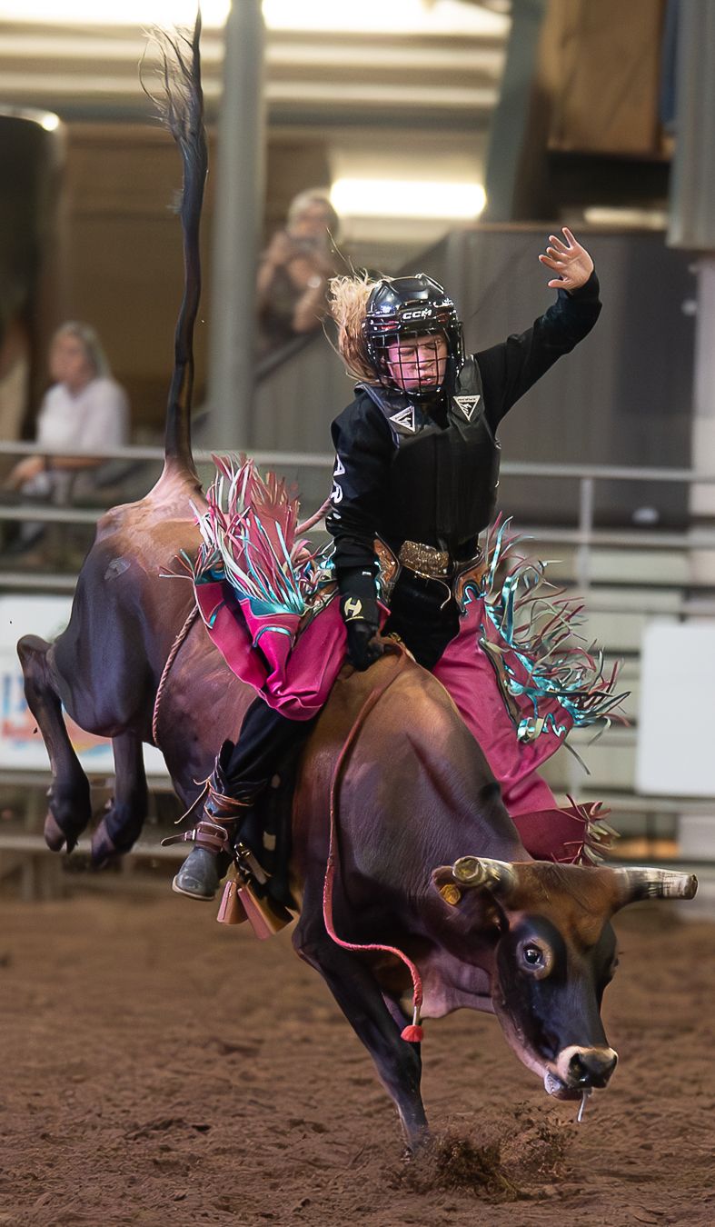 Young rider in protective gear attempts to stay mounted on a bucking bull decorated with pink and blue streamers at a rodeo event.