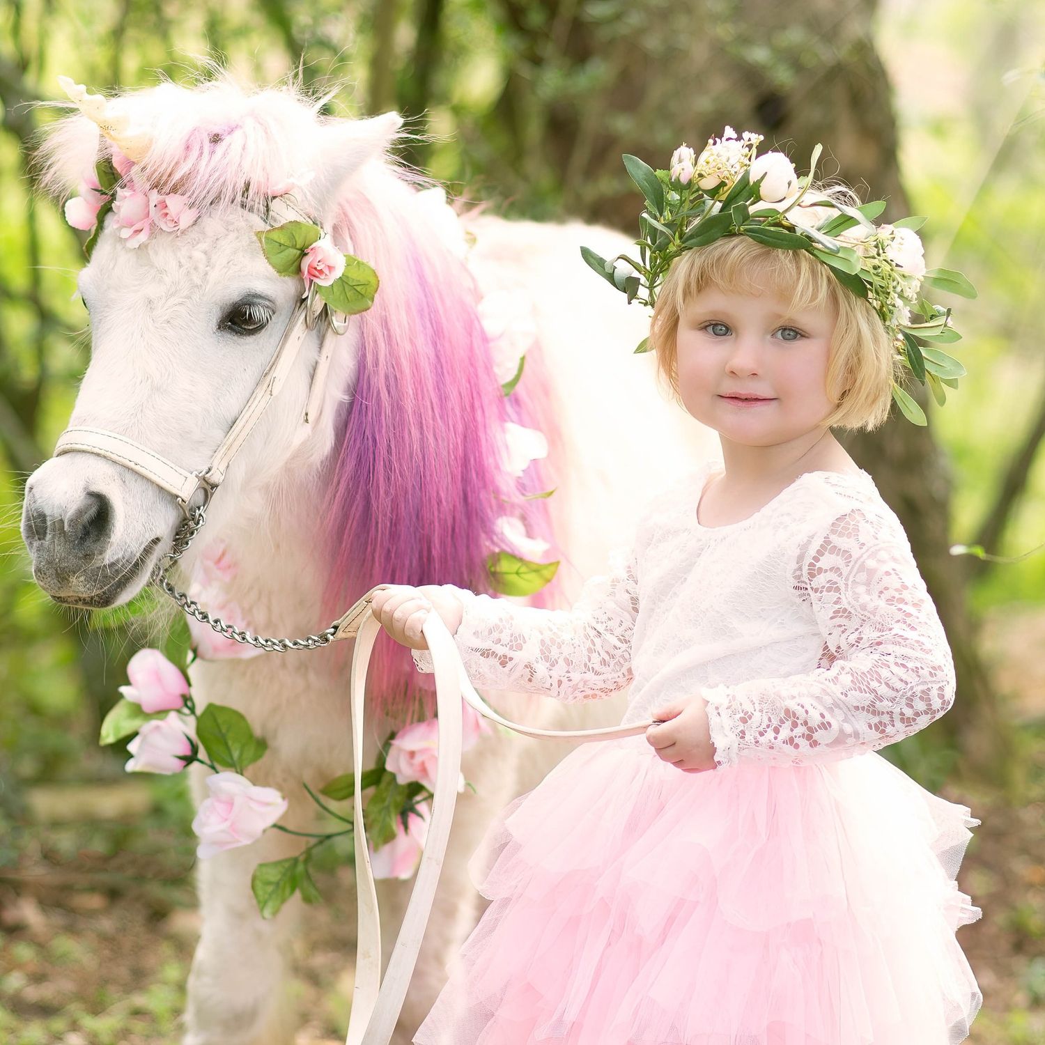 Photograhy, photographer, Mobile, AL Enchanted portrait of a pony with pink mane adorned in floral decorations in whimsical garden setting.