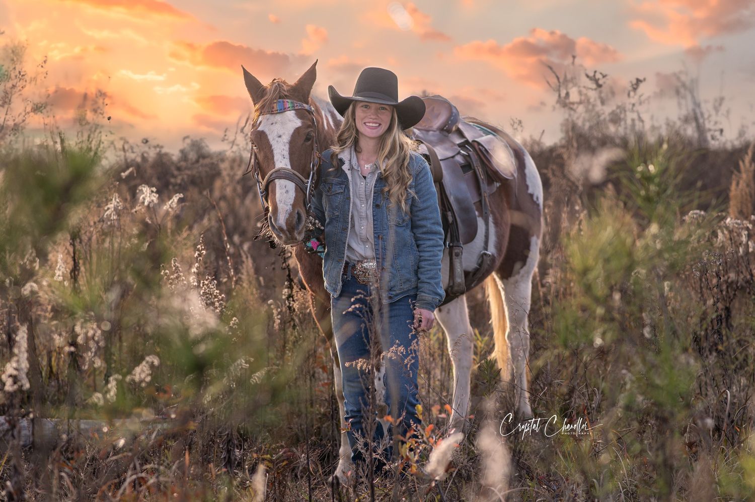 Photograhy, photographer, Mobile, AL Scenic western portrait with horse and cowboy during golden sunset in rustic field.